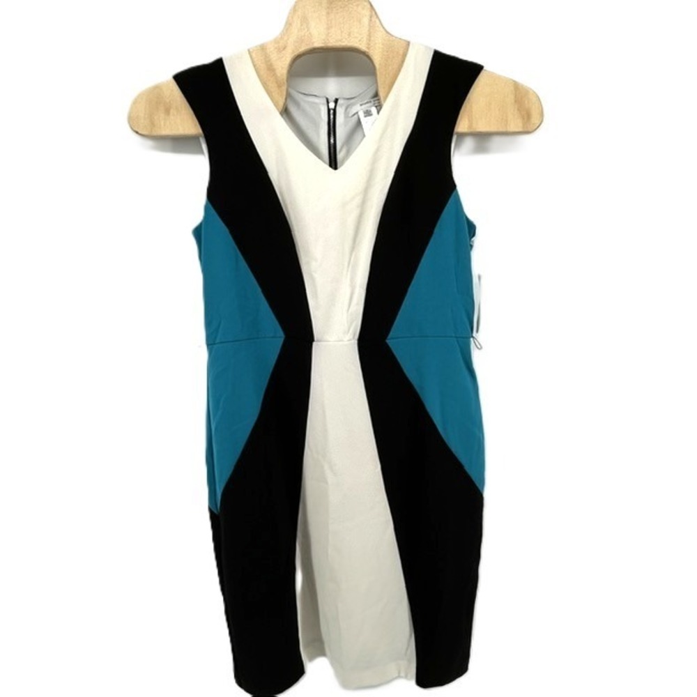 Studio One New York Womens 14 Colorblock Sheath Dress Teal Black White V-Neck